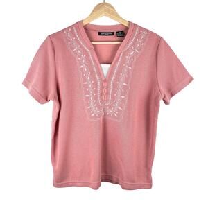 y2k Pink Embroidered Ribbed Henley Baby Tee Size MP Rib Knit Grandma